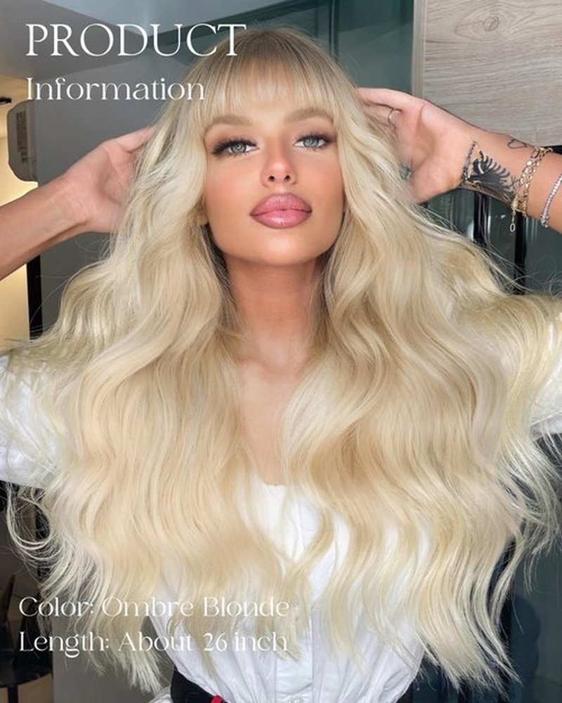 TOPHR Long Ombre Blonde Wig with Bangs 26 Inch Natural Wavy Heat Resistant Fiber Synthetic Wigs for Women Daily or Party Wear