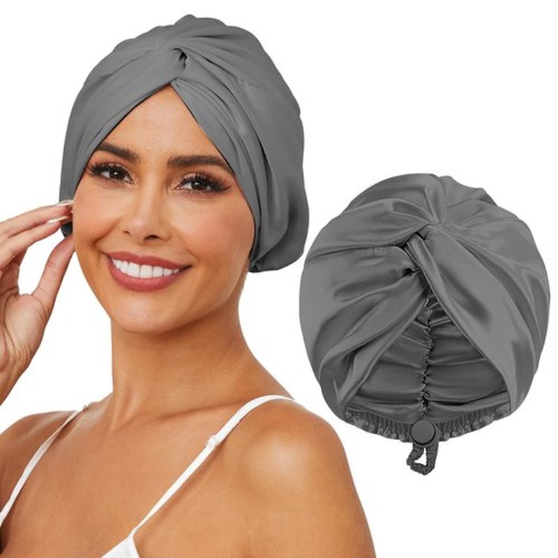 HFRHTGY Adjustable Silk Satin Hair Bonnet for Sleeping, Double Layer Hair Wrap Sleep Cap Turban for Women Men, Curly Straight Hair Long Large Braid Unisex (Royal Grey)