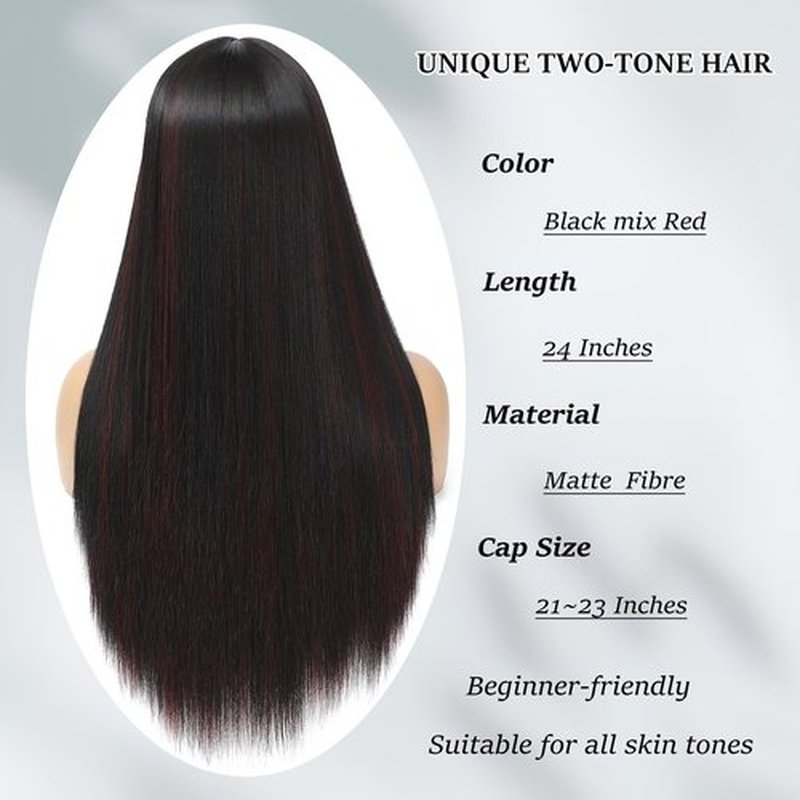 Amarlis Black with Red Wigs for Women, Long Straight Stripes Color Wigs with Bangs, Natural Looking Soft Synthetic Fiber Wig for Daily Party