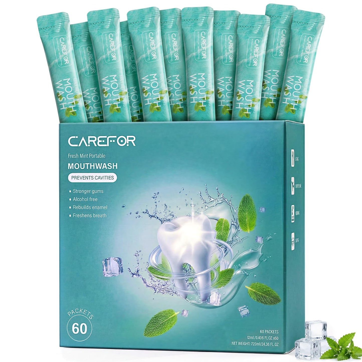 Mouthwash Travel Size Portable 60 Individual Disposable Packets to Go, Alcohol & Fluoride Free Fresh Mint Mouthwash Strips for Superior Oral Hygiene (Pack of 60)