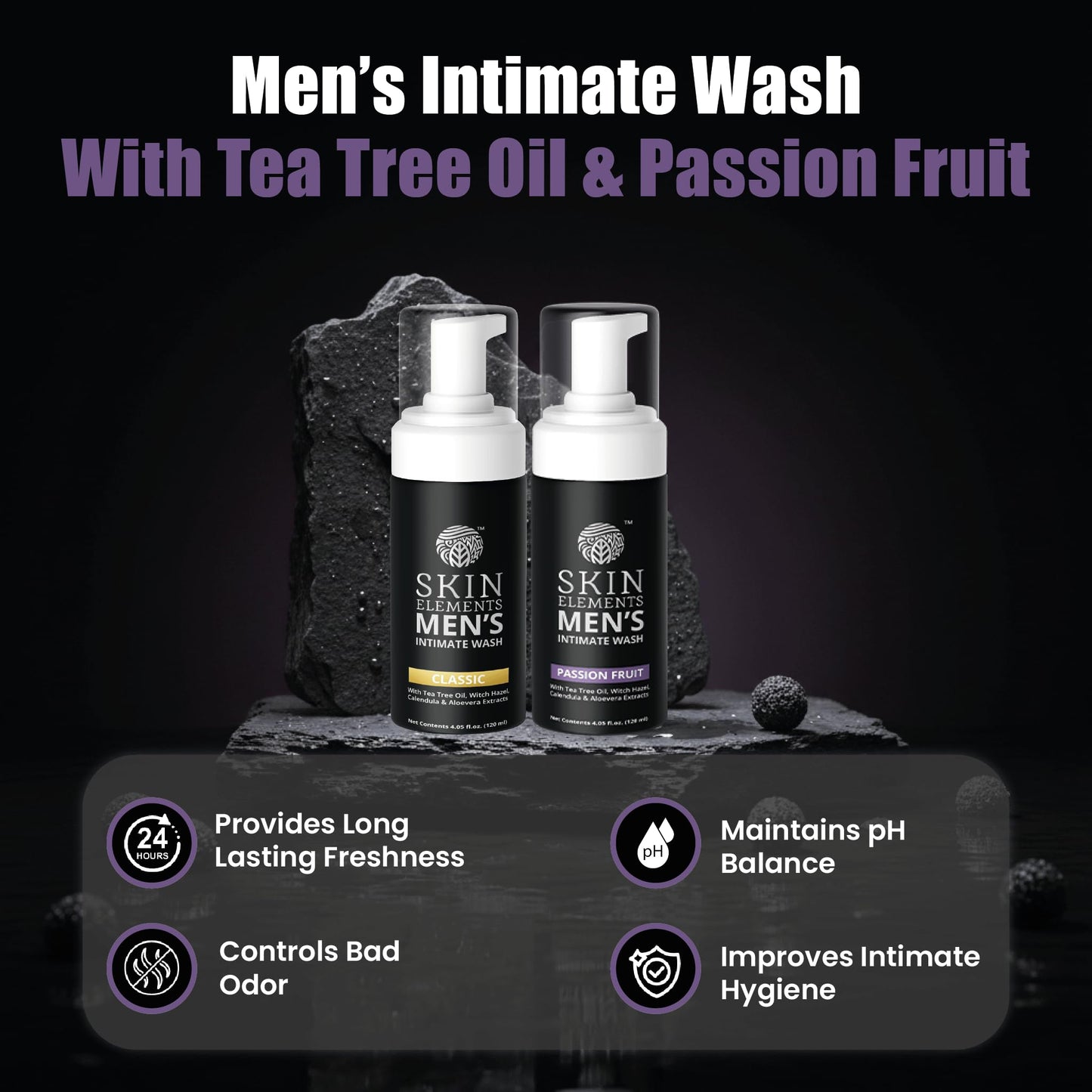 Skin Elements Men's Intimate Wash Combo | Pack of 2 | Jabon Intimo Hombre | Tea Tree Oil + Passion Fruit | pH Balanced Foaming Wash | Soothes, Refreshes & controls Bad Odor | (240 ml)