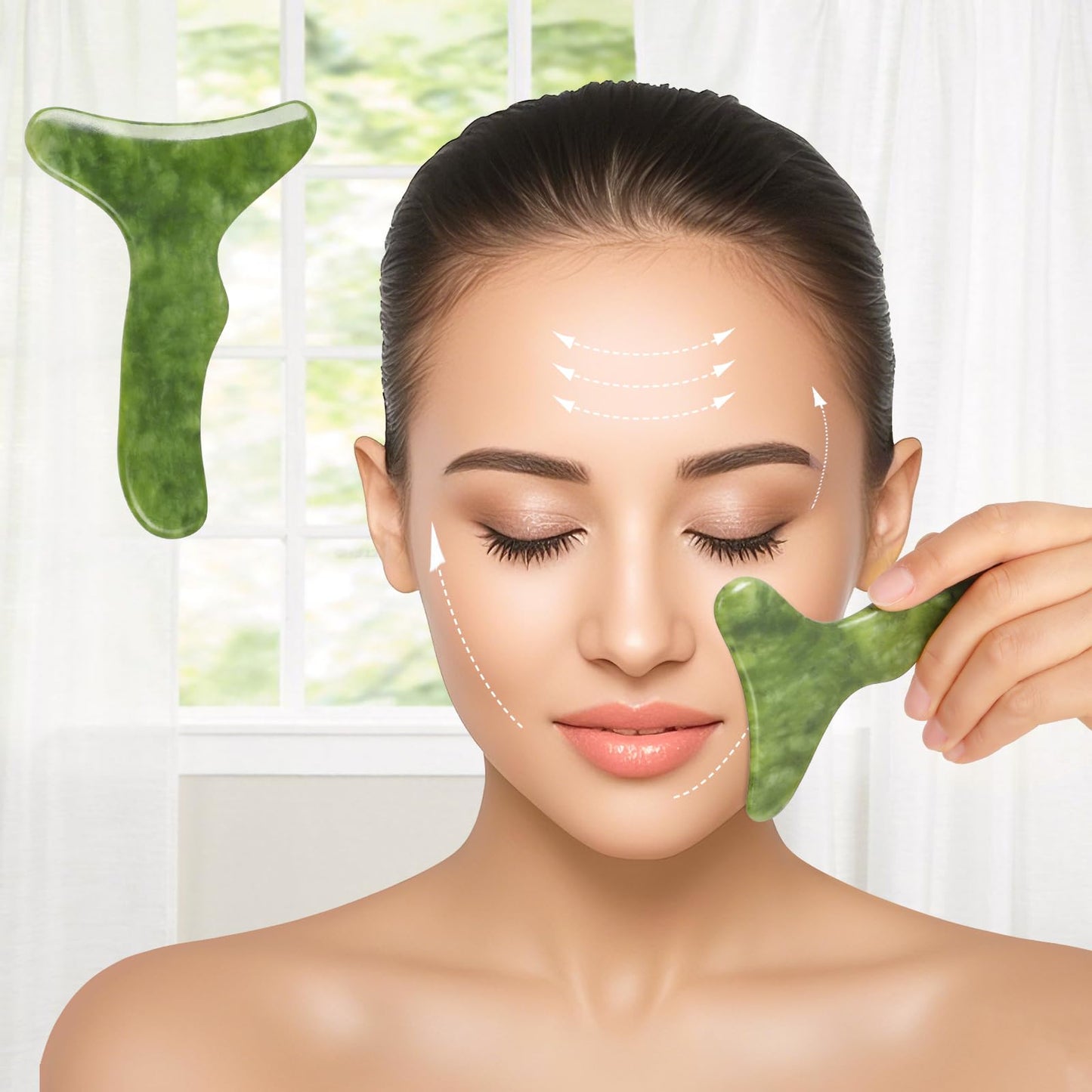 CekPo 2 in 1 Jade Stone Gua Sha Massage Tool, Large Guasha Muscle Scraper Tools Set with Handle Muscle Scraping Massage Tools Anti Cellulite Spa Acupuncture Tools for Back Neck Leg Lymphatic Drainage