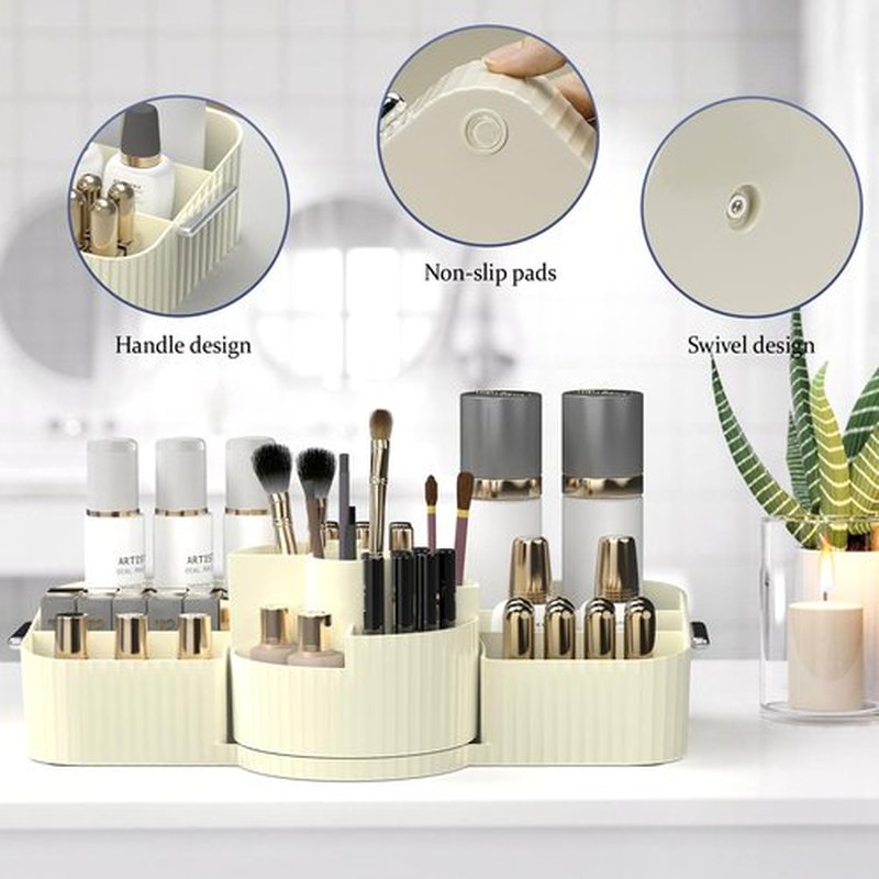 Aieyaki Rotating Makeup Organizer Cosmetic Display Case, Used for Vanity Makeup Brushes, Lipstick, Perfume and Various Skin Care Products - Spacious and Fashionable Storage Solution (Creamy White)