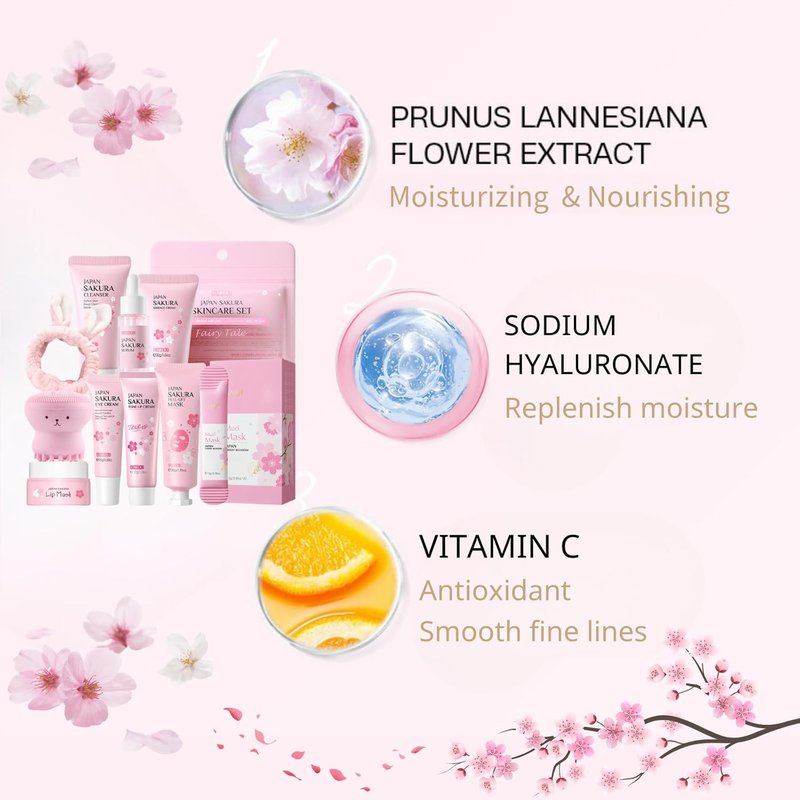 Japan Sakura Skin Care Set for Teens | 8-Piece Kit with Cleanser, Serum & Cream - Perfect for Ages 10-12