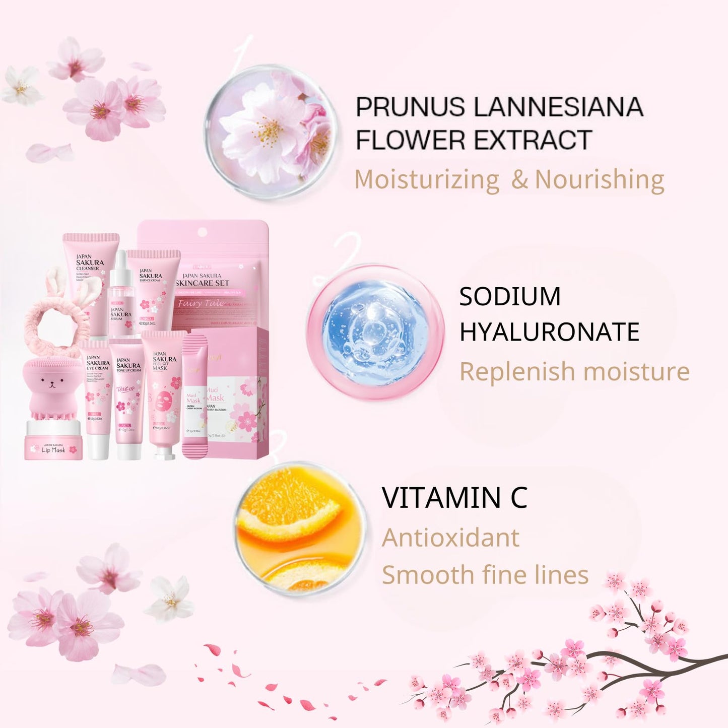 Japan Sakura Skin Care Set for Teen Girls - Evolvique Skin Care for Teens 10-12 - Skincare for Girls 10-12 - Skin Care Kit Gift Set for Women with Cleanser,Serum,Cream(One Size, 8PCS Sakura Scent)