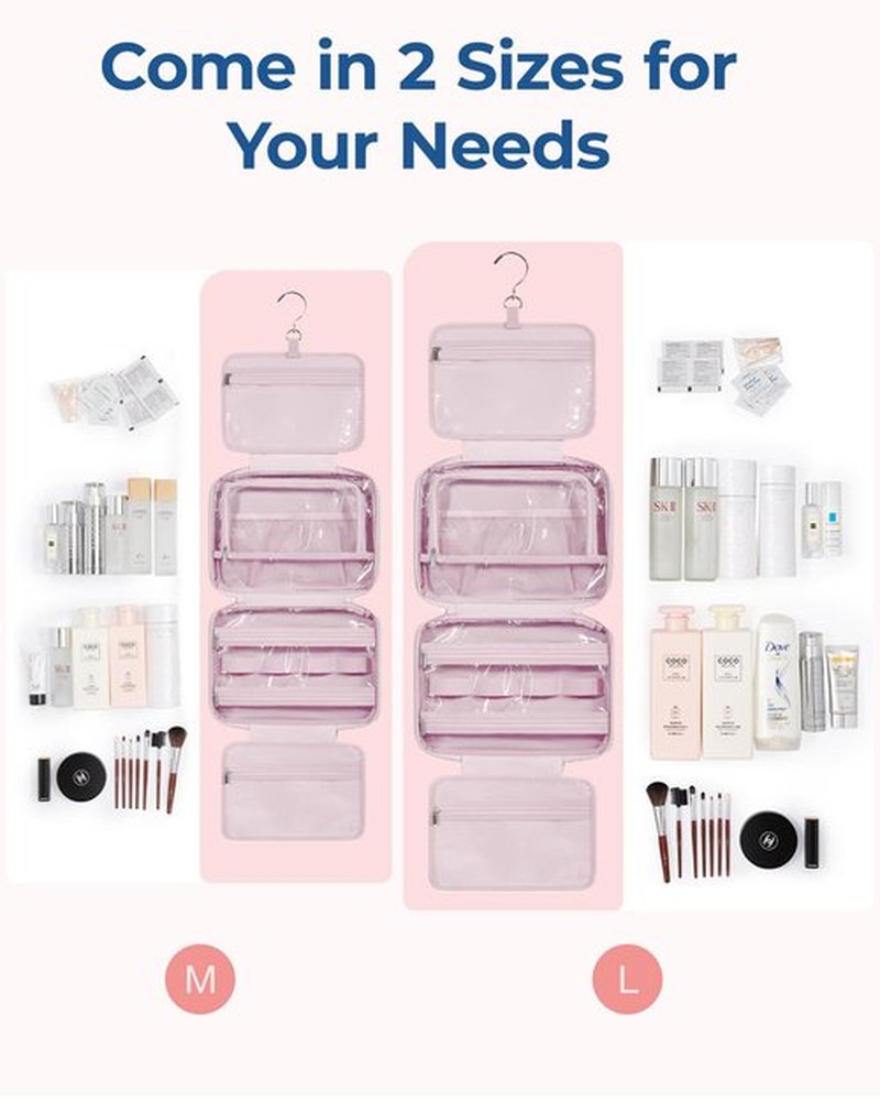 BAGSMART Travel Toiletry Bag with Jewelry Organizer, Hanging Travel Bag for Toiletries, Puffy Makeup Cosmetic Bag Organizer, Carry-on Travel Accessories Essentials, Pink-M