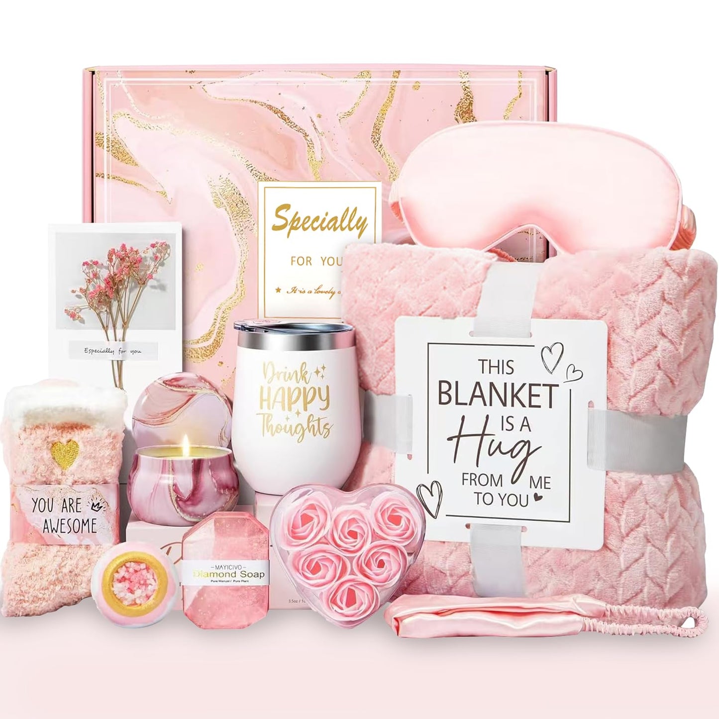 Birthday Self Care Gift Basket for Women Pink Cozy Blanket Tumbler Candle