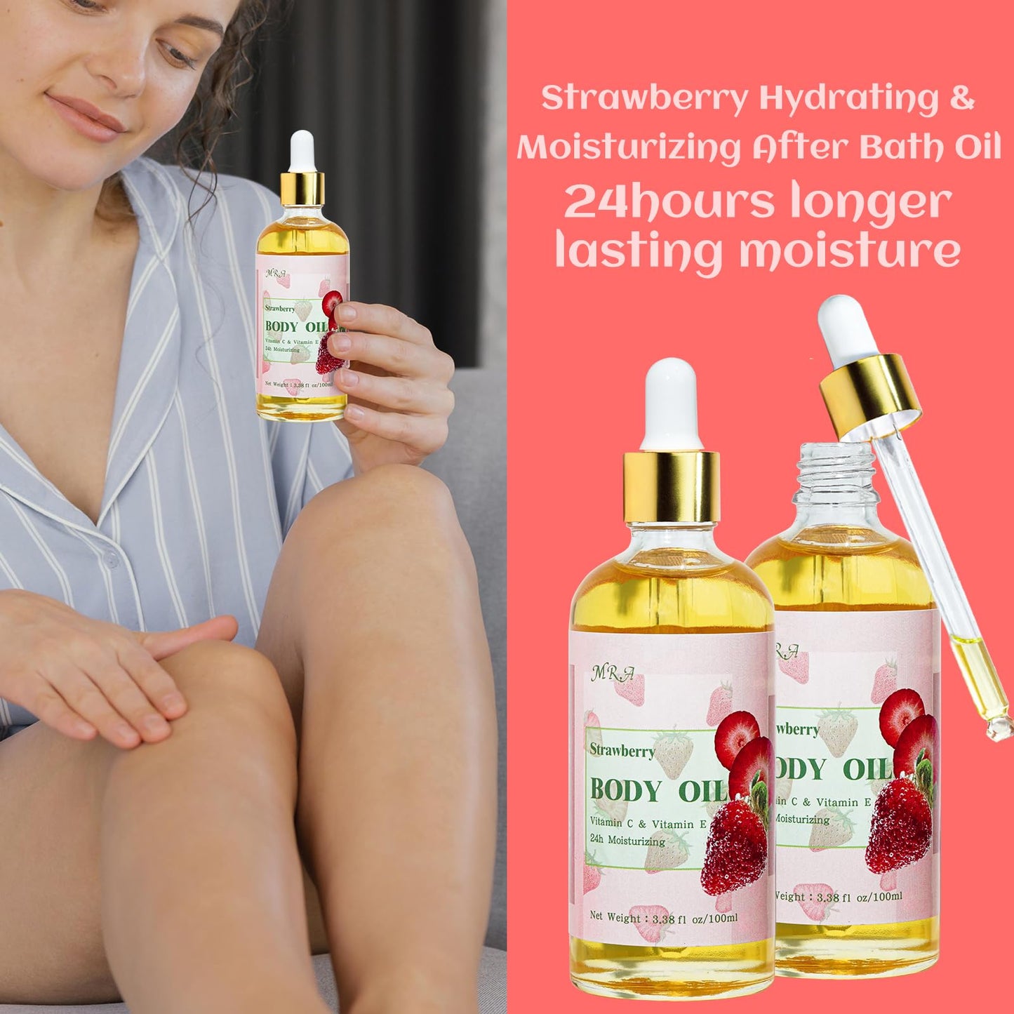 MR.A 2 Pack Strawberry Body Oil Juice Scented, Vitamin E Body Oil after Shower, Strawberry Shortcake Body Moisturizer Bath Oil for Dry Skin, Guasha Oil with Guasha Tool