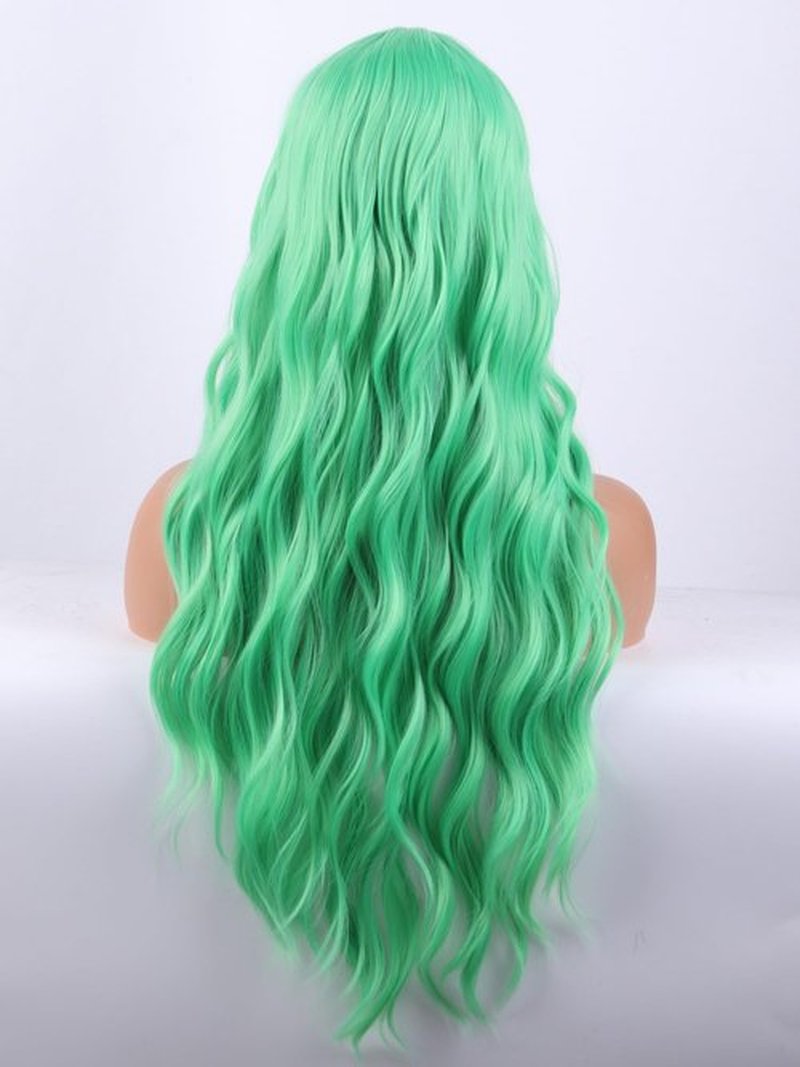 MAGQOO Green Wig for Women Long Curly Wavy Light Green Wig Mint Green Wig with Bangs Synthetic Heat Resistant Fiber Halloween Cosplay Costume Daily Party Use