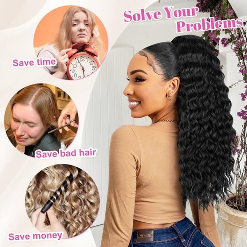 ALXNAN Wavy Curly Ponytail Extension, Long Soft 22" Black Drawstring Ponytail for Black Women Natural Synthetic Hairpiece Thick For Daily Use