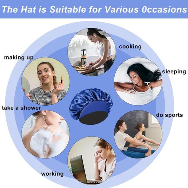 4PCS Silk Bonnet for Sleeping - Hair Satin Bonnets for Black Women Men,Hair Wrap Cap for Curly Hair,Elastic Wide Band Hair Bonnet Shower Cap for Sleeping (Black & Sapphire Blue & Green & Purple)