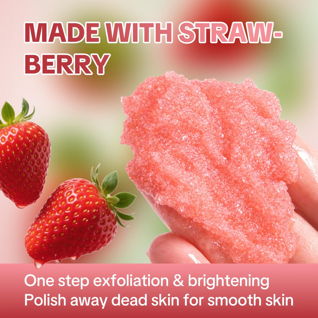 HERBICOS Strawberry Body Scrub - Exfoliating Sugar & Sea Salt Scrub with Retinol & Vitamin C for Smooth Glowing Skin - Moisturizing Body Exfoliator for Dry Skin - 21.1 oz