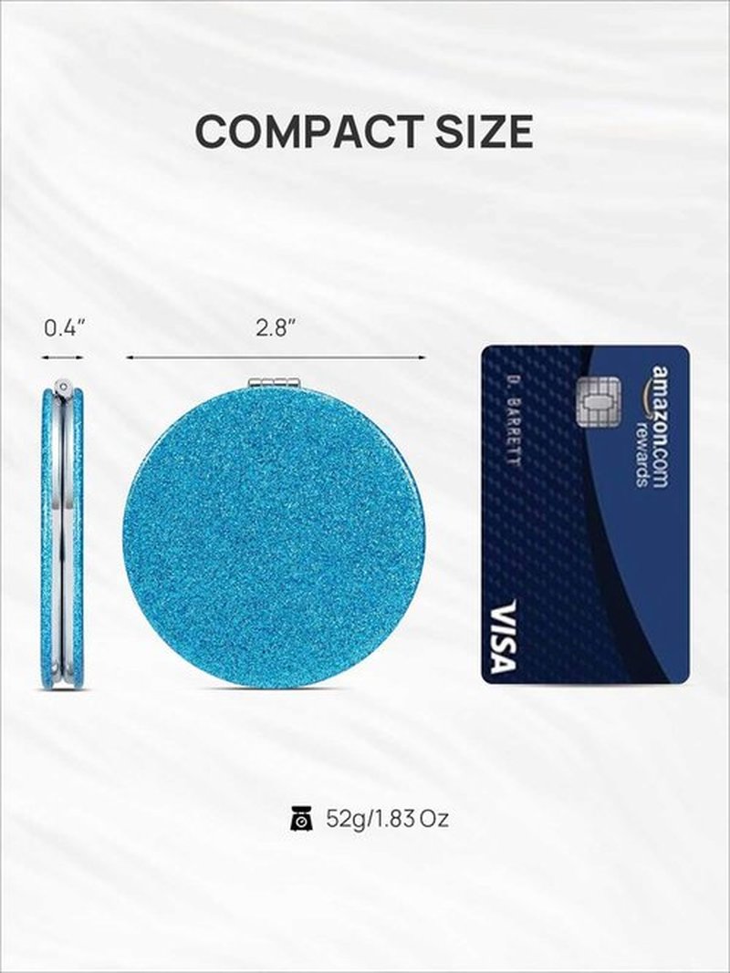 OMIRO 1X/10X(300R) Magnifying Compact Mirror with PU Leather, Ultra-Portable for Purses and Travel, Round Blue