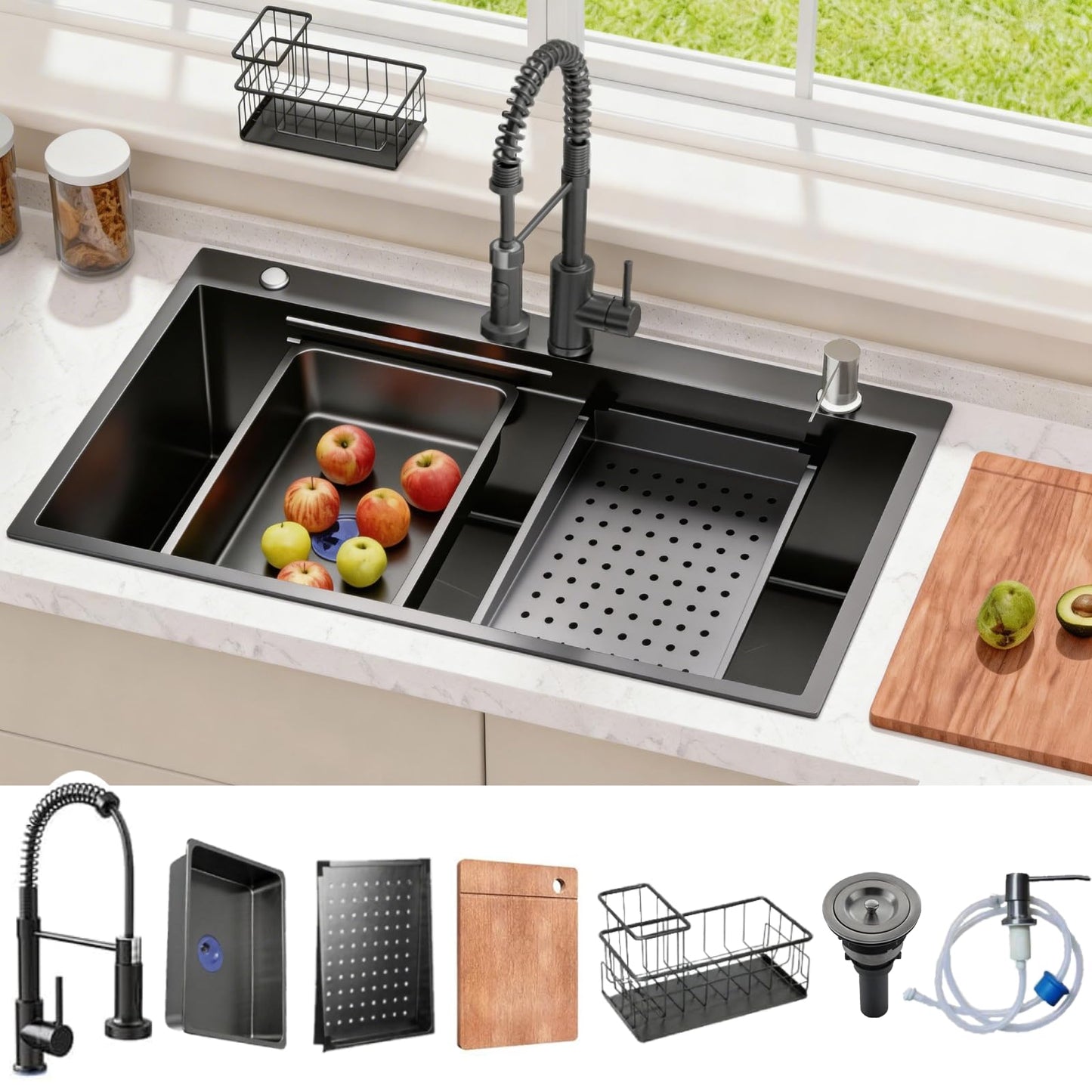 Black 32x19 Drop in Kitchen Sink with Faucet & Accessories, Stainless Steel Workstation Sink, 16 Gauge Single Bowl Top Mount, Deep Bowl Design, Modern Kitchen & Commercial Use