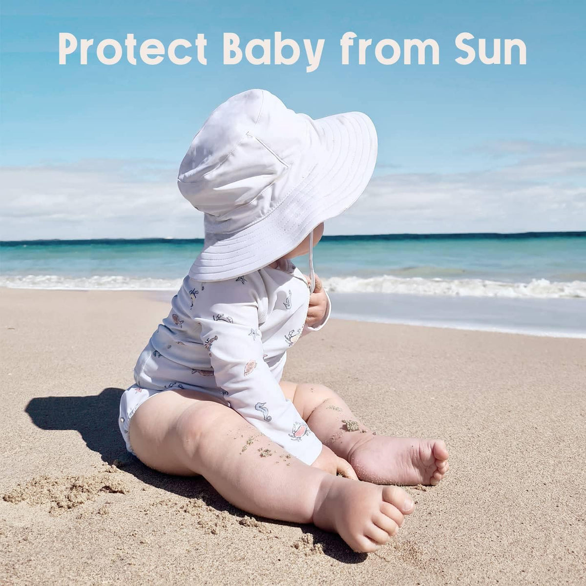 Baby Sun Hat and Sunglasses, UPF 50+ Kids Sun Hat with Ear and Neck Protection, Adjustable Summer Beach Hats with Bucket Wide Brim for Boys & Girls, Foldable Infant Sun Hat 0-6 Months, White