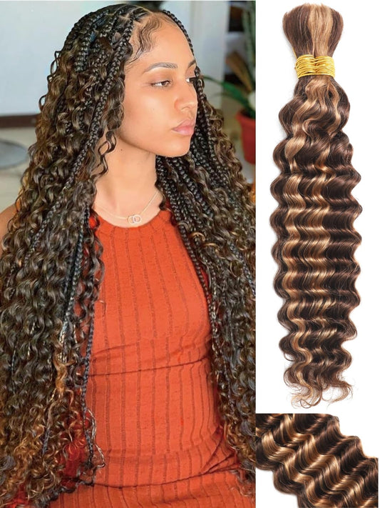 Human Braiding Hair Color #4/27 16 Inch Deep Wave Bulk Human Hair for Braiding No Weft 2Bundles/100g 12A Brazilian Virgin Curly Micro Human Hair Braiding Hair Extensions for Boho Braids