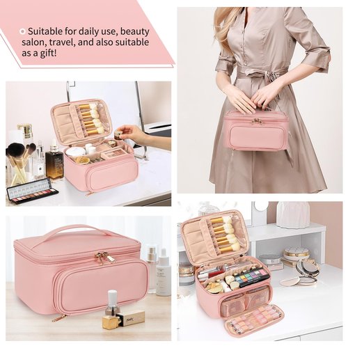 OCHEAL Makeup Bag, Multifunctional Make Up Bags Large Compact Makeup Bag Organizer Cosmetics Toiletry Brushes Storage Case for Women Girls Makeup Case with Handle Divider-Pink