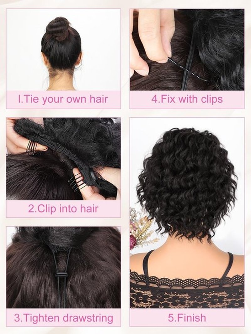 ALXNAN Wavy Curly Ponytail Extension, 8" Brown Drawstring Ponytai for Black Women Short Soft Natural Synthetic Hairpiece Thick For Daily Use
