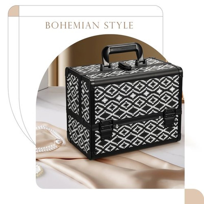 Joligrace Makeup Train Case Organizer Box Professional Multi-Purpose Cosmetic Storage with Sliding Trays, Polish Slots & Mirror, Portable Lockable with Keys, Geometric