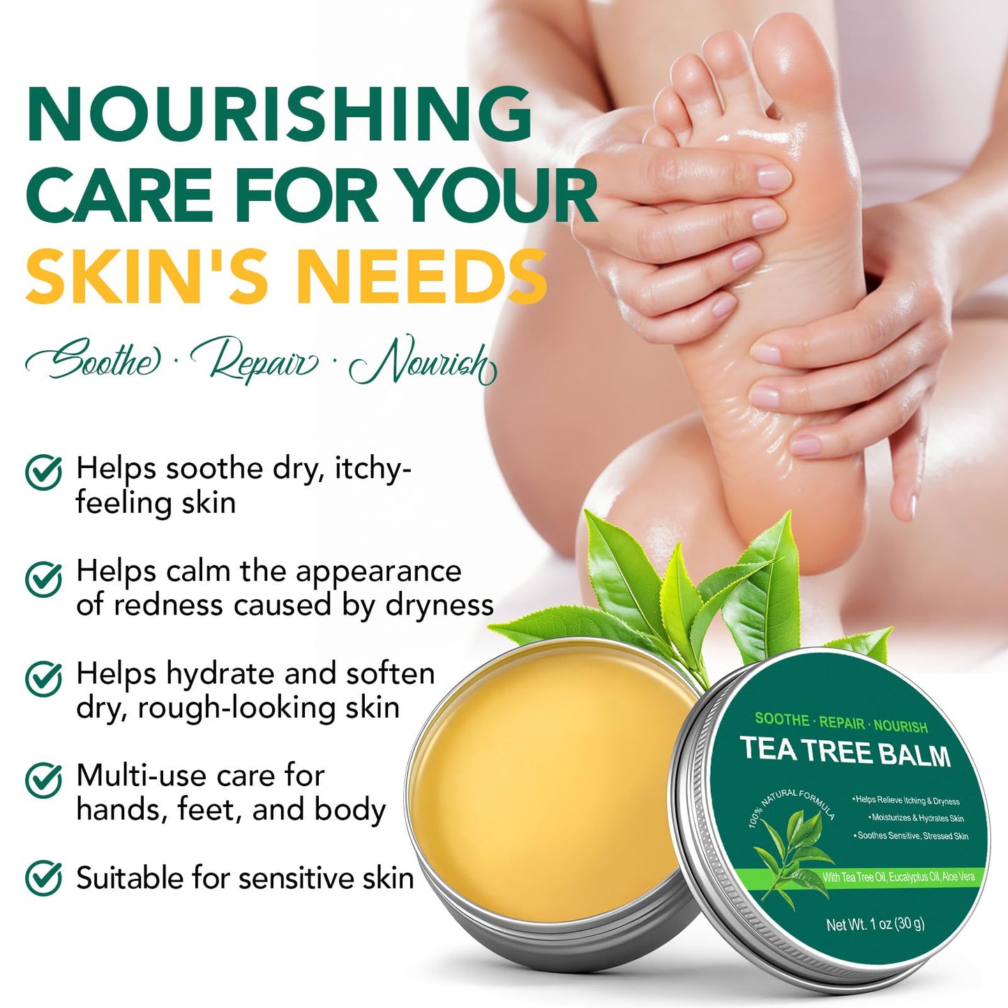 ZIXBMHYJ Tea Tree Oil Balm, Tea Tree Oil for Skin, Soothing Balm with Eucalyptus, Aloe, Lavender & Calendula, Soothes Dry, Itchy Skin on Feet, Body & Common Irritated Areas, Intense Moisturizer