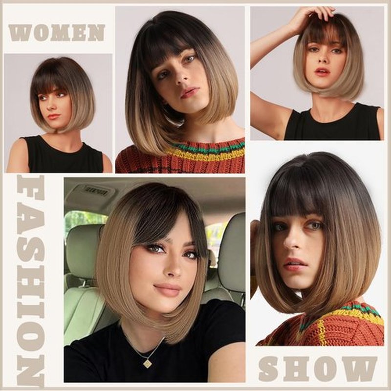 WERD Short Brown Bob Wigs for Women Light Brown Bob Wigs with Bangs 10Inch Synthetic Hair Brown Bob Highlight Wig for Daily Use Cosplay