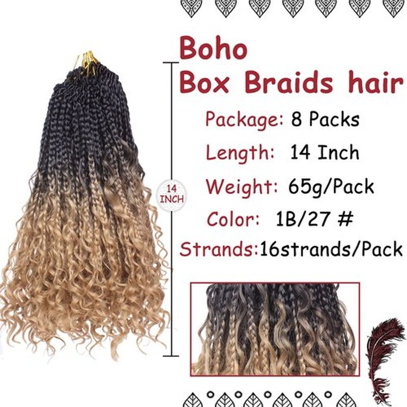 Beverlee 14 Inch 8 Packs Boho Box Braids Goddess Box Braids Crochet Hair Bohemian Hippie Braids Braiding Hair Box Braids with Curly Ends Messy Pre-looped Synthetic Crochet Hair for Black Women 128 Strands 1B/27#