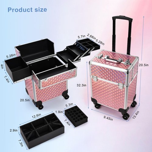 Stagiant Rolling Makeup Train Case Large Cosmetic Suitcase Trolley Makeup Luggage Storage Box 4 Tray with Sliding Rail Removable Middle Layer Swivel Wheels Salon Barber Case Traveling Cart Trunk