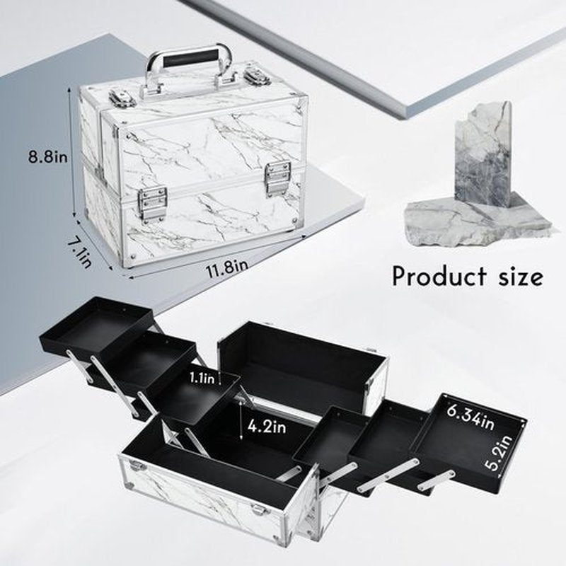 Frenessa Makeup Train Case Marble Leather Cosmetic Organizer Case 12 Inch Large Makeup Box 6 Trays Makeup Storage Organizer for Makeup Artist, Nail Tech Students, Craft Tools Travel Makeup Case Marble