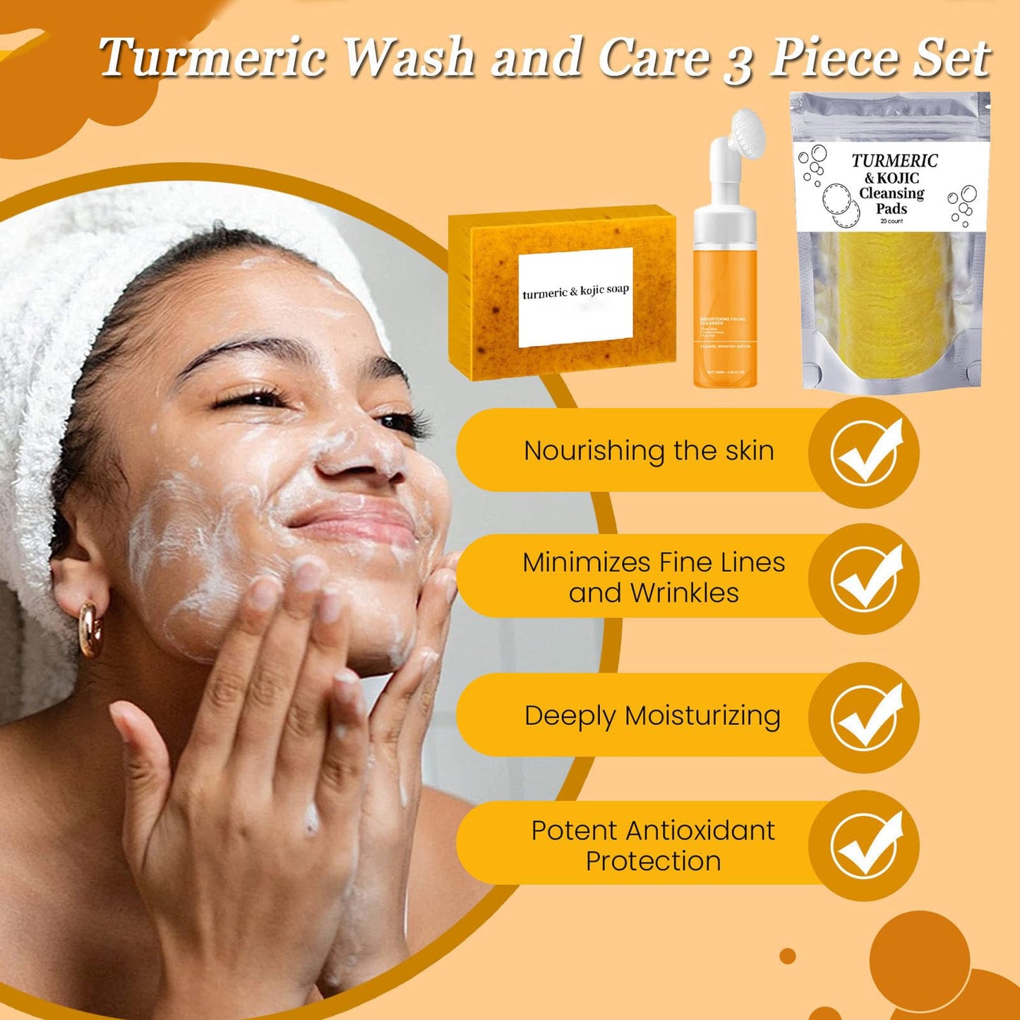 Turmeric Wash and Care Three Piece Set, Turmeric Soap, Turmeric Face Wash With Brush & Facial Cleansing Pads, Moisturizing Exfoliating Skincare Set for Face and Body
