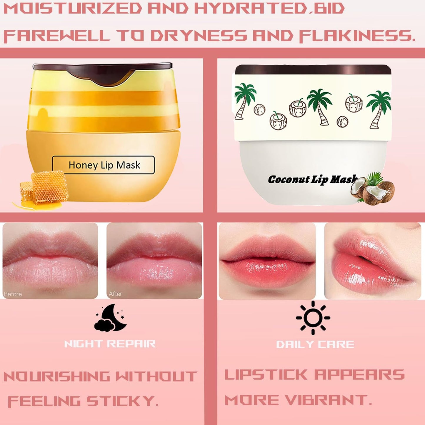 TIRDET 4 PCS Bee Lip Balm Honey Pot, Honey Strawberry Cherry Coconut Sleeping Lip Mask Overnight with Sticks, Exfoliating Prevention Dry and Crack Lip Scrubs
