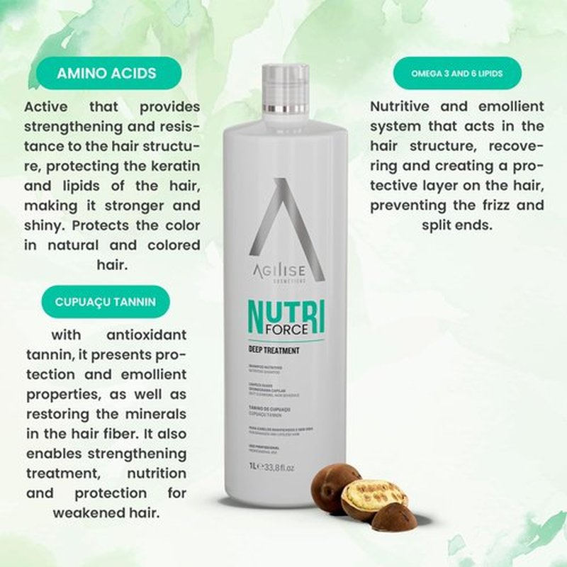 agilise - Nutri Force Shampoo - Professional Hair Care Cosmetics, Deep Nutrition Treatment, Hydration & Strength - Hair Products for Women, Prevents Color Fading - Cupuaçu, Omega 3-33.8floz/1L