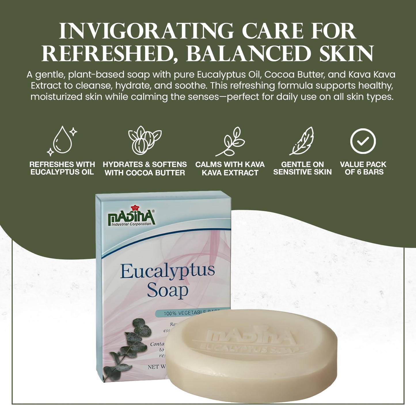Madina Eucalyptus Soap Bar – Moisturizing, Invigorating, 100% Vegetable-Based, Cocoa Butter, Kava Kava Extract, Gentle Cleanser for Face & Body, 6 Pack (3.5 oz Each)