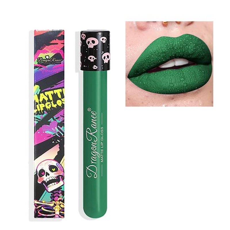 Easilydays Olive Green Matte Liquid Lipstick, Skull Face Diamond Shiny Gothic Lip Gloss, Sparkling High Pigment Waterproof Longlasting Lip Shimmer Lip Glaze for Halloween Parties Cosplay Makeup, #03