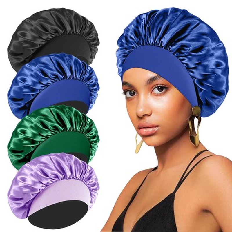 4PCS Silk Bonnet for Sleeping - Hair Satin Bonnets for Black Women Men,Hair Wrap Cap for Curly Hair,Elastic Wide Band Hair Bonnet Shower Cap for Sleeping (Black & Sapphire Blue & Green & Purple)