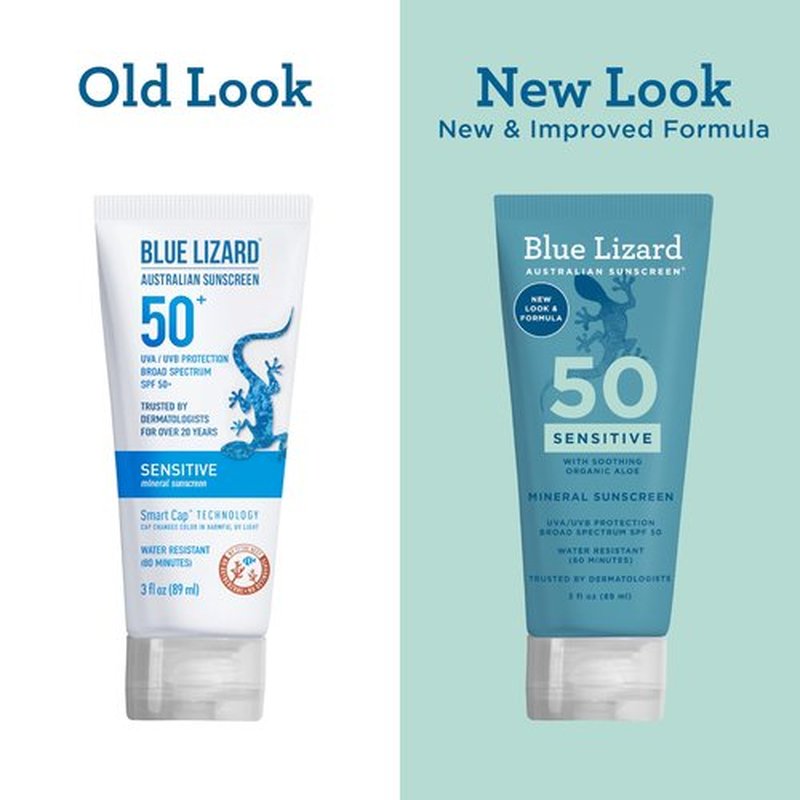 Blue Lizard SENSITIVE Mineral Sunscreen with Zinc Oxide, SPF 50+, Water Resistant, UVA/UVB Protection with Smart Cap Technology - Fragrance Free, 3 oz. Tube