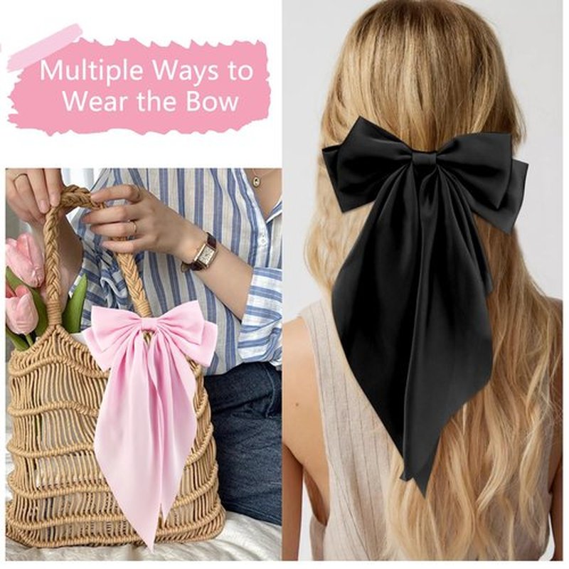 Atoden Hair Bows Silky Satin Bows for Hair Ribbons 4Pcs Coquette Oversized Long Tail Hair Bow Clips Barrettes Big Bowknot Hair Accessories for Women Girl Trendy Stuff Gifts (White Pink Red Black)