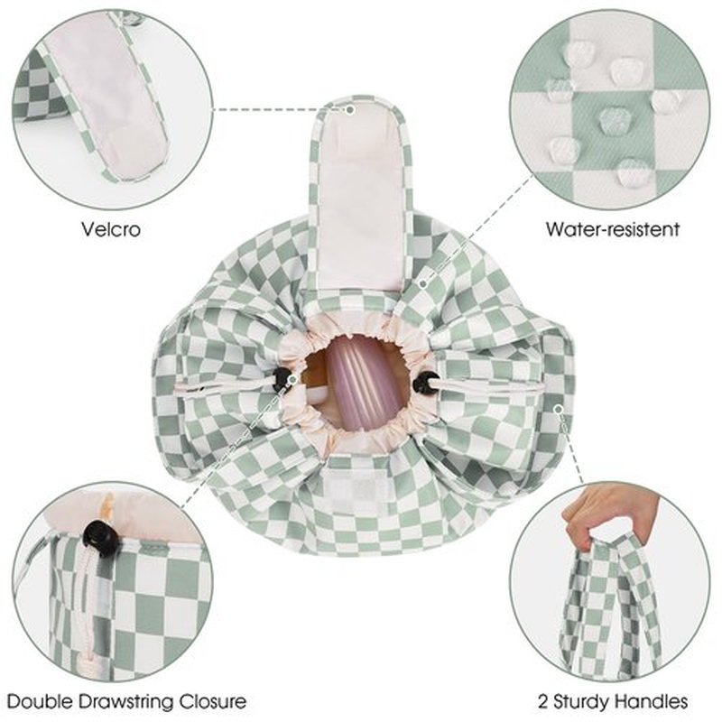 Barrel Drawstring Checkered Makeup Bag Large Cosmetic Bag Make up Bags Toiletry Organizer for Women (Mint Green Checkerboard) (Patent)