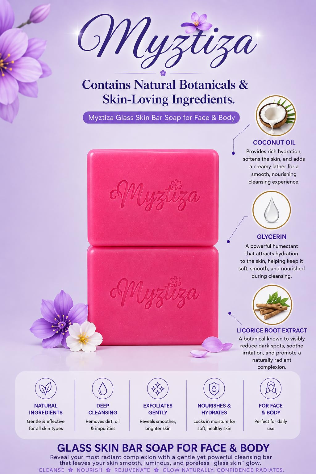 Myztiza Glass Skin Face Set featuring the Glass Skin Soap 135 GM , Toner 60 ML, Serum 30 ML, and Moisturizing Cream with SPF 30 ++ 25 GM: Achieve Radiant, Hydrated, & Glass-Like Skin