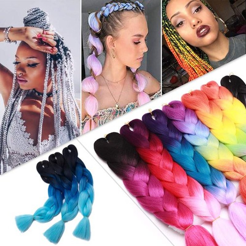 24 Inch Jumbo Braids Hair Extensions Ombre High Temperature Synthetic Hair African Rainbow Box Braiding Hair for Senegal Twist 100g/pack 3 Tones Black/Blue/Light Blue