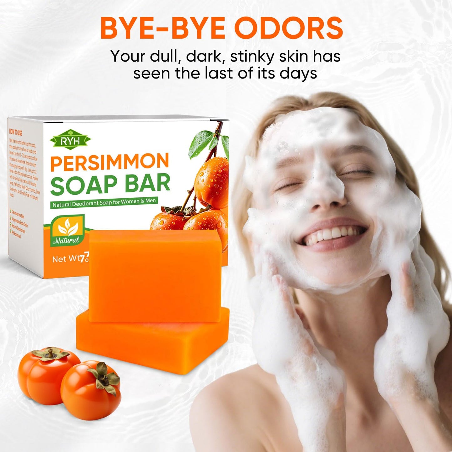 RYH 2 PCS Persimmon Soap Bar for Body Odor Control–Deodorizing & Eliminating Body Odor for Old People Smell, Natural Deodorant Persimmon Bar Soap, Persimmon Body Wash for Women & Men, 3.53oz/per