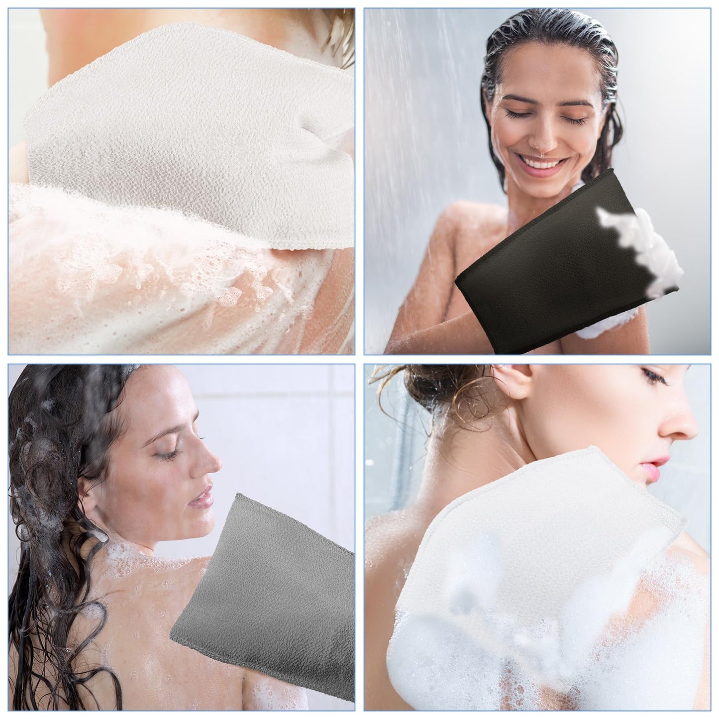 Tatuo 12 Pack Korean Exfoliating Mitt & Cloth, Viscose Rayon Dead Skin Remover Washcloth, Multi Color Body Scrub Towel for Shower Spa Travel(Large,White, Black, Gray)