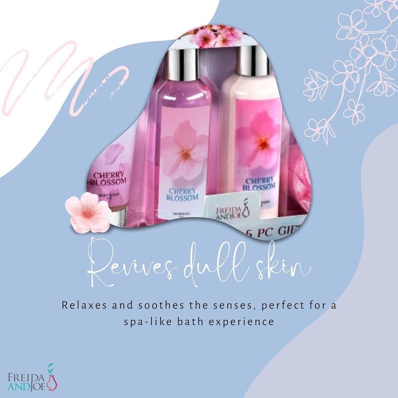 Fragrance Bath & Body Collection Gift Box - Shower Gel, Lotion, Scrub & Bath Bomb | Blue Cherry Blossom