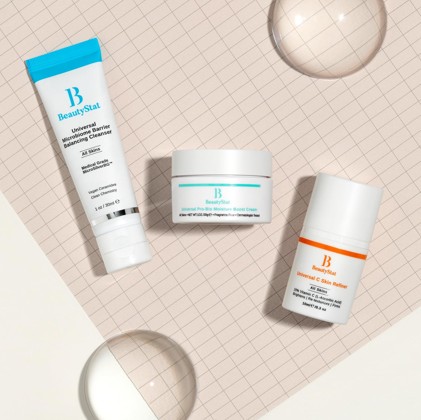 BeautyStat Brighten & Strengthen On The Go Kit - Featuring Universal Microbiome Barrier Balancing Cleanser, Universal C Skin Refiner & Pro-Bio Moisture Boost Cream - 3-Piece Travel Kit