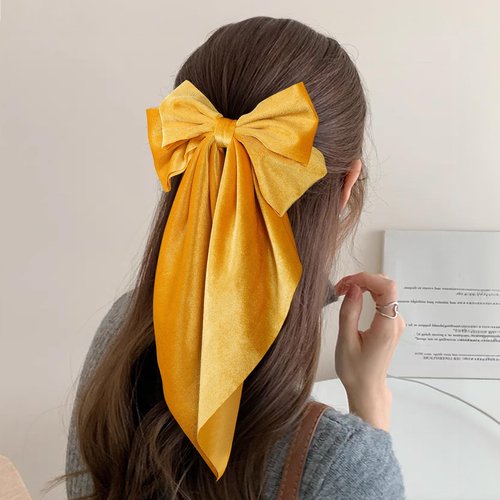Yellow Velvet Ribbon Hair Bow Clips with Long Tail Large Bowknot French Barrette Ponytail Holder Decor Accessories for Women Girls Fall Winter Early Spring Seasons