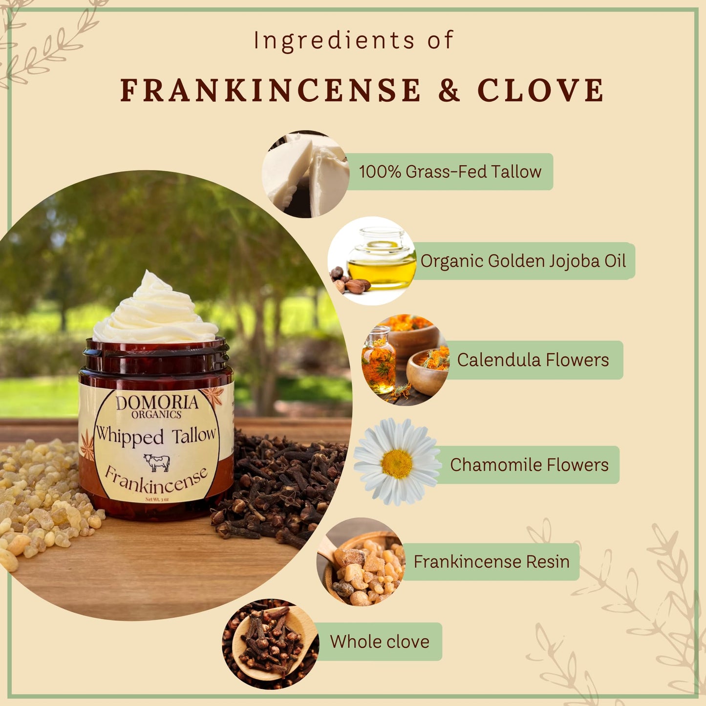Domoria Organics 100% Grass-Fed Tallow Balm - Frankincense Resin & Whole Clove, Herb-Infused Chamomile & Calendula for Men, Women, Psoriasis, Eczema, Dry Sensitive Skin