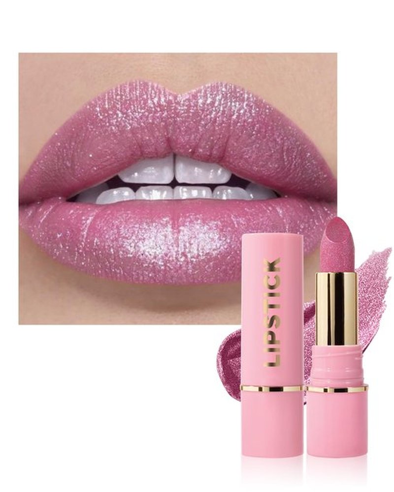 Glitter Metallic Nude Pink Shimmer Lipstick Long Lasting, High Shine Glitter Diamond Creamy Red Lipstick Transfer Proof Non-Stick Lip Gloss Shimmer High Impact Full Coverage Lip Makeup for Women-02