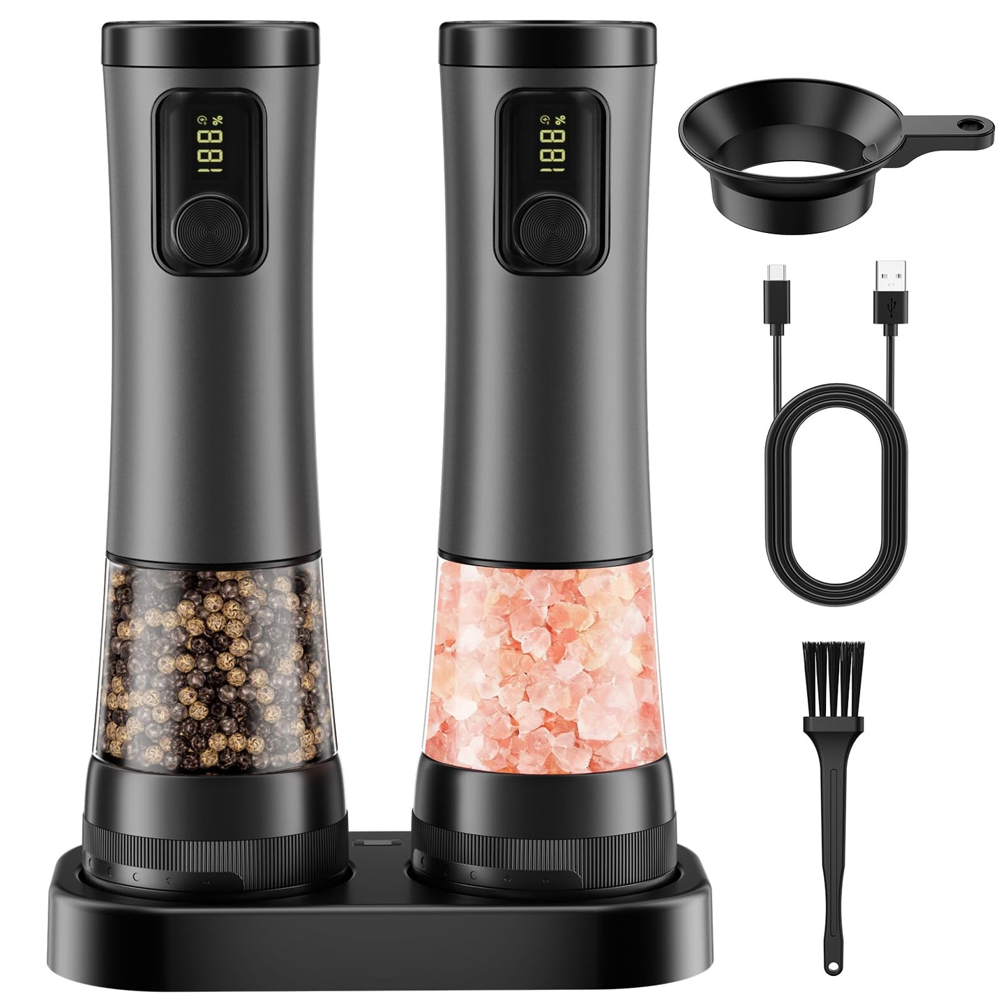 Electric Salt and Pepper Grinder Set - Rechargeable Salt Grinder with Led Power Display - Automatic Pepper Grinder with Storage Base - Pepper Mill with Light for Kitchen