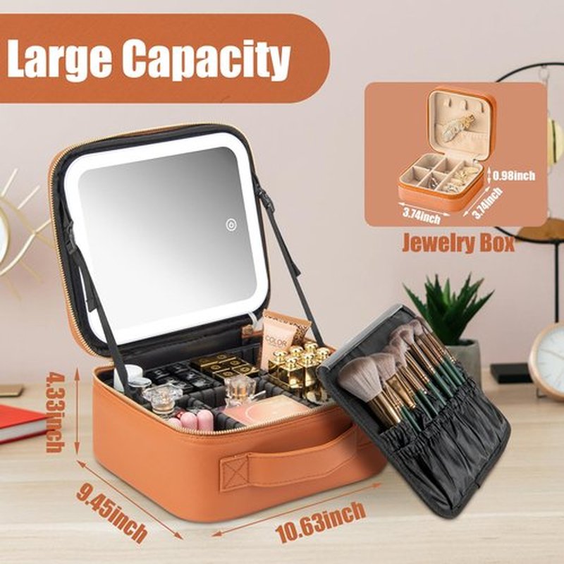 Extrei Gent Makeup Travel Train Case with Mirror LED Light 3 Adjustable Brightness Cosmetic Bag Portable Storage Adjustable Partition Waterproof Makeup Brushes Makeup Jewelry Gift for Women (Brown)