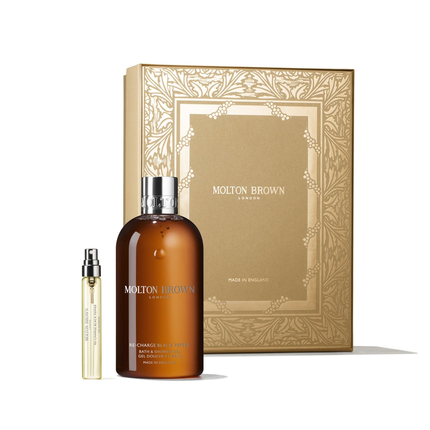Molton Brown Re-charge Black Pepper Collection - Eau de Parfum 0.25 fl. oz., Body Wash 10 fl. oz., Luxury Scented Body Care & Fragrance Gift Set