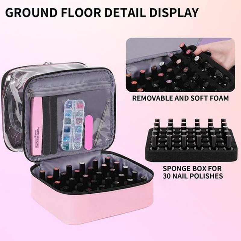 Clear Nail Polish Organizer Double layer Nail Polish Holds 30 Bottles and Nail Lamp, Nail Dryer Case Storage Supplies with Adjustable Dividers, Portable Nail Carrying Bag for Nail Tech (Pink)